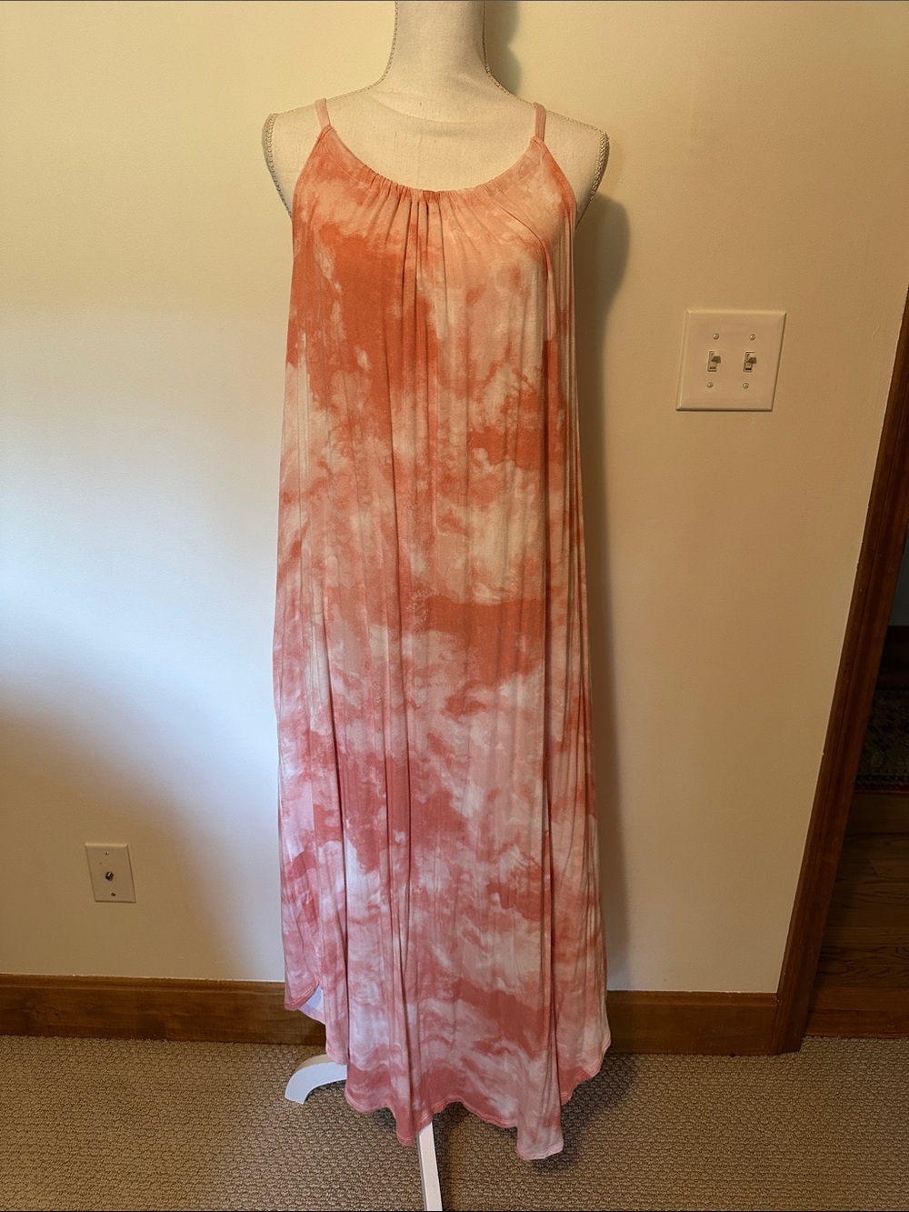 Tie-Dye Coral Maxi Dress with pockets Spaghetti Straps and Cardigan XXL